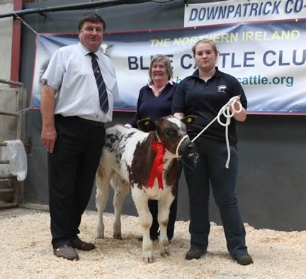 Bull Class for 1-3 months winner, Magheradroll Isotope Judge Alan Cleland, Barbara Nicholson from Downpatrick Co-Op and Claire Young, Ballynahinch.