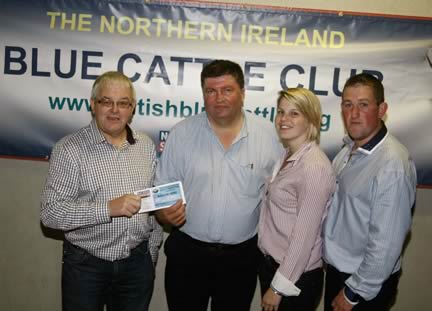 1.	Second place winner in the Large Herd section was Alan Cleland owner of Ballee Herd, Downpatrick.  Photo includes Natural Stockcare Ltd distributor John Linton of Blackhill Animal Care, Alan Cleland, Katrina Donaldson and Steven OKane. 