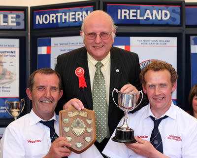 Con Williamson, Centre, Judge of the Blue classes at Balmoral Show makes a presentation to Jack Wylie and James Martin of Martin Brothers for their Best Pair of Blues at Balmoral Show.Con Williamson, Centre, Judge of the Blue classes at Balmoral Show makes a presentation to Jack Wylie and James Martin of Martin Brothers for their Best Pair of Blues at Balmoral Show.