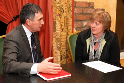 Outgoing Northern Ireland Blue Cattle Club Secretary Harold McKee chats to his replacement Libby Young at the Club's AGM. Picture: Columba O'Hare