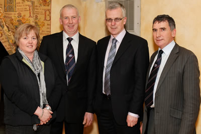 John Henning, second from right, Head of Agricultural Relations, Northern Bank, was the guest speaker at the Northern Ireland Blue Cattle Club AGM in Moira. Also included from left are: Libby Young, Club Secretary; Ivan Gordon, Chairman and Harold McKee, Outgoing Secretary. Picture: Columba O'Hare