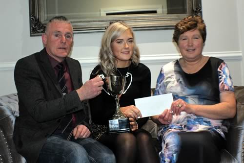 Gemma Heatherington of Sixmilecross took the NI Blue Cattle Club 2018 show herd of the year award. Making the presentation at the club dinner were chairman Basil Dougherty and secretary Annabelle Cleland, right.