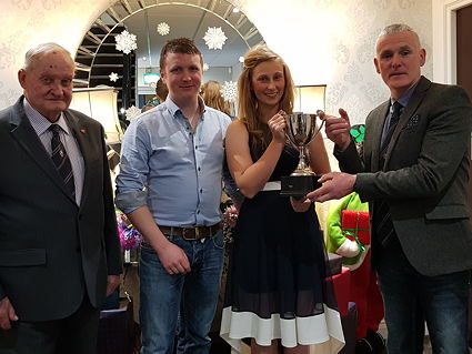 A proud moment for Brian O'Hare and Chelsea Best from Newry as they are awarded the Show Team of the Year Cup during the NI British Blue Cattle Club annual dinner in the Temple Golf Club, Carryduff, Co Down. Johnny Young, left, club President generously sponsored the competition and club chair Basil Dougherty from Kircubbin made the presentation.