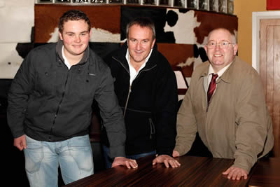 Robert Johnston, right, Chairman, Northern Ireland Blue Cattle Club with the two speakers at the Club's Spring Meeting: Brendan Kelly, left, Ballymena, who spoke on Live Exports and Marcus Scott, Norbrook Laboratories who spoke on Worm Control.