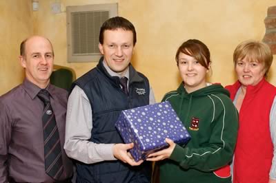 Naomi Gregg, NI Blue Cattle Club makes a presentation to Tommy Armstrong, Provita in appreciation of his talk at the Club's recent Open Evening in Moira. Also included are Jason Edgar, Vice Chairman and Libby Young, Secretary.