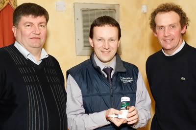 Alan Cleland, left, Downpatrick and James Martin, right, Newtownards with Tommy Armstrong, Provita the main speaker at the NI Blue Cattle Club's Open Evening in Moira