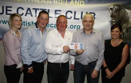 1.	Best Brood Cow winner was Oliver McCann owner of Drumboy Herd, Castlewellan. Photo includes Katrina Donaldson, judge Steven OKane, Oliver McCann, Natural Stockcare Ltd distributor John Linton of Blackhill Animal Care and Denise McCann. 