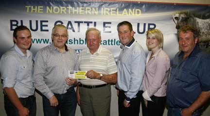 Third place winner in the Medium Herd section was Johnny Young owner of Magheradroll Herd, Ballynahinch.  Photo includes David Young, Natural Stockcare Ltd distributor John Linton of Blackhill Animal Care, Johnny Young, Steven OKane, Katrina Donaldson and Philip Young.