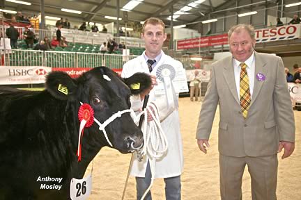 Belgian Blue Champion Heifer with Owner and Judge.